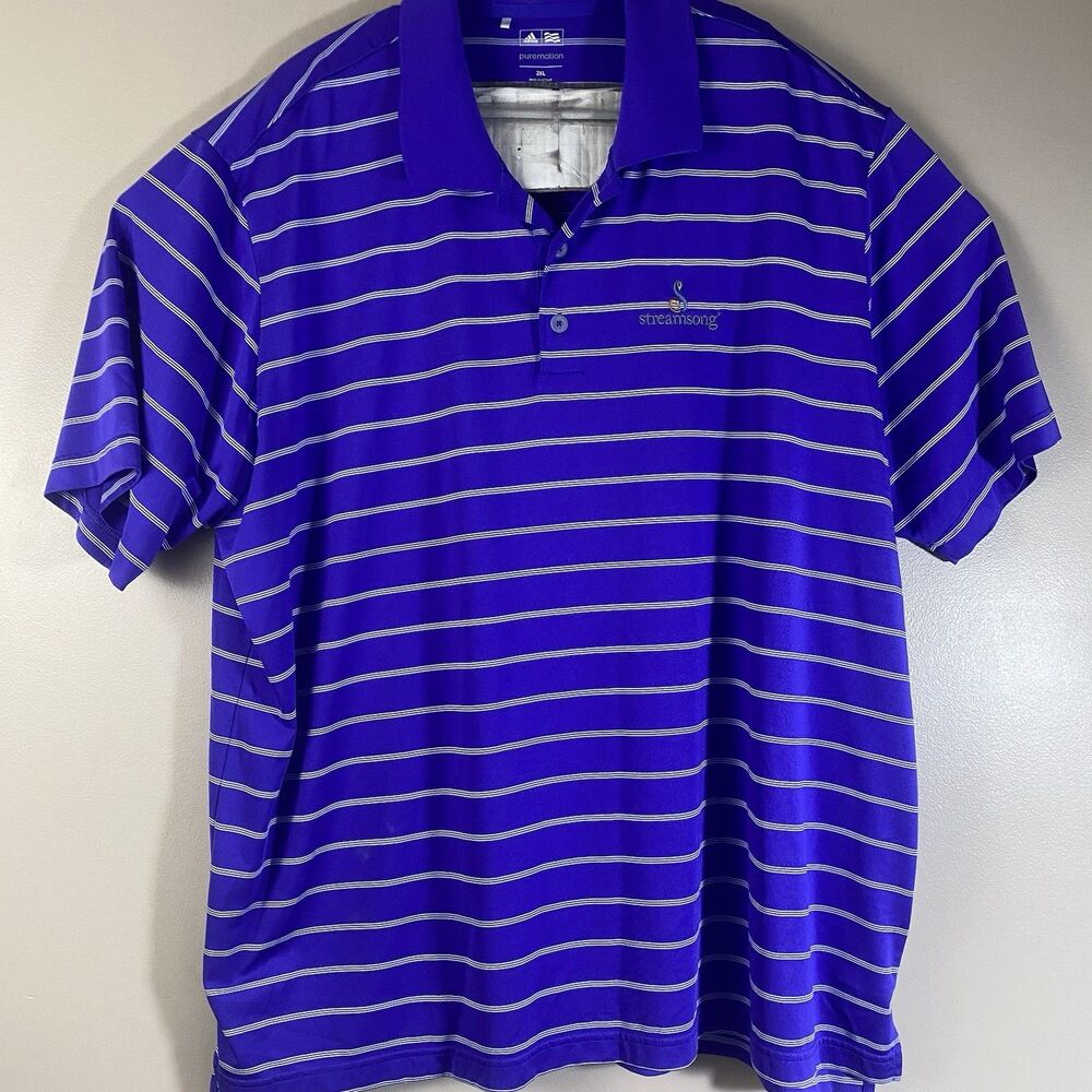 Adidas Polo Shirt Mens 2XL  Streamsong Golf Club Blue Stripe Puremotion Stretch